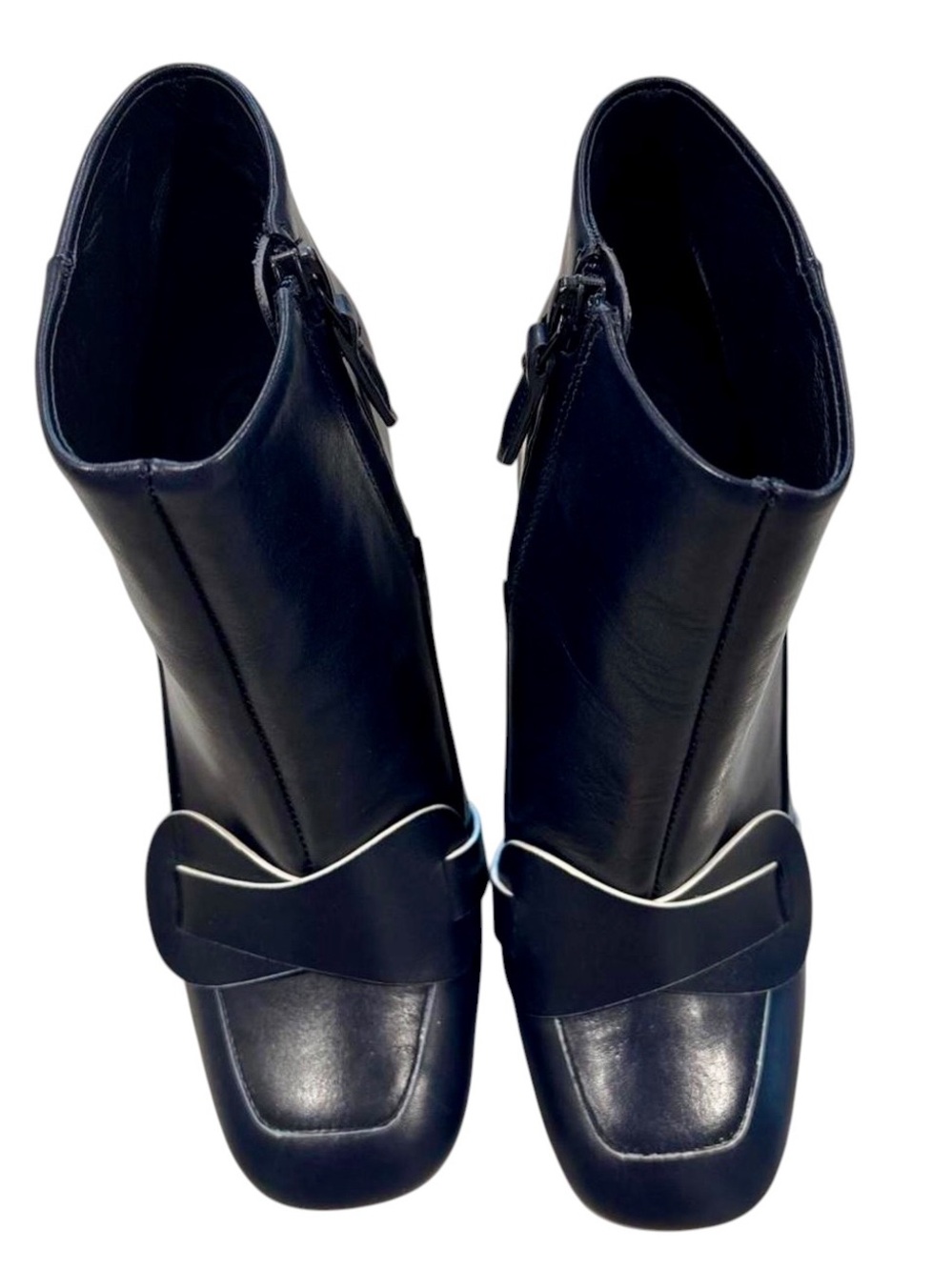 Tory Burch Navy Blue Leather Ankle Boots with Decorative Bow Detail Size 7